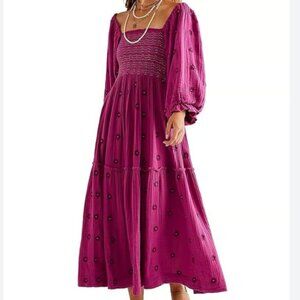 Free People Dahlia Embroidered Maxi Dress Color Raspberry Size Large